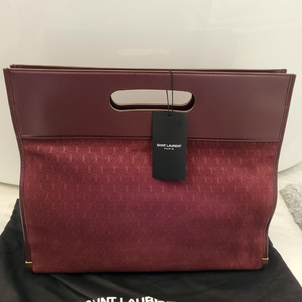 Saint Laurent Cutout Convertible Monogram All Over Burgundy Suede & Leather Tote